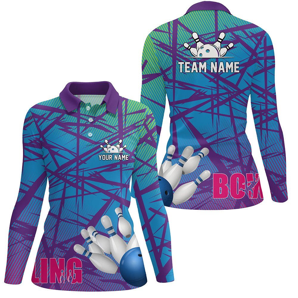 Damen Bowling Polo Shirt Blau Lila Camouflage Bowling Trikots, Personalisierte Bowling Team Shirts Q6996 - Climcat