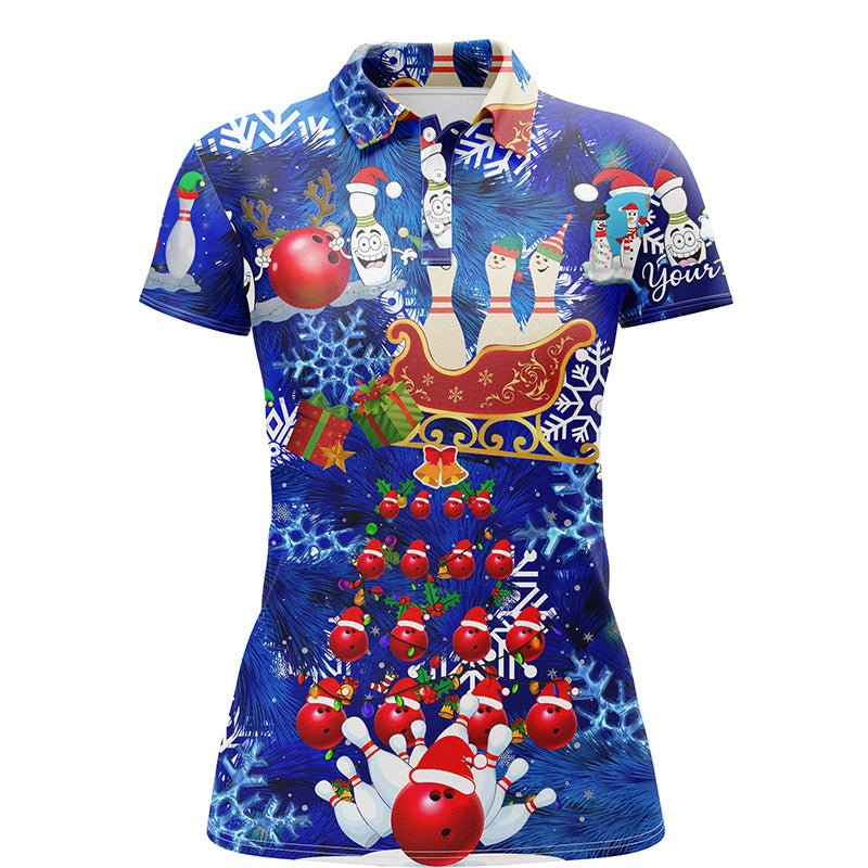 Damen Bowling Polo Shirt Individuell Blau Weihnachtsmuster Bowling Santa Ball Pins Team Damen Trikot Q6617 - Climcat