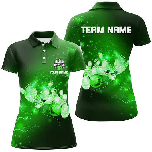 Damen Bowling Polo Shirt individuell gestaltet Grün Blitze Donner Bowling Team Damen Bowler Trikot Q7046 - Climcat