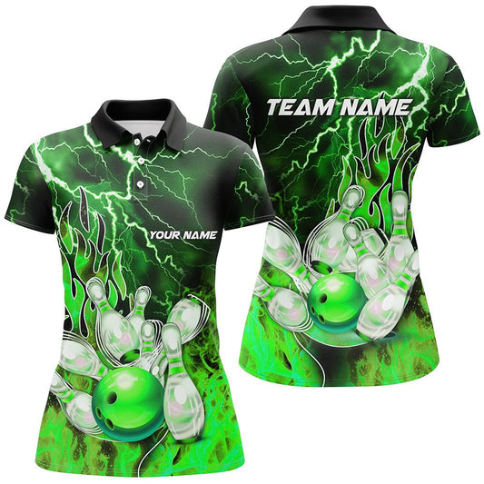Damen Bowling Polo Shirt individuell gestaltet mit grünem Blitz und Donner Bowling Team Trikot, Geschenk für Team Bowlers Q7065 - Climcat