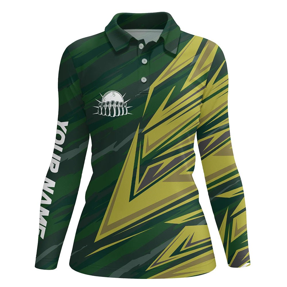 Damen Bowling Polo Shirt, individuell gestaltetes grün-gelbes Camouflage Bowling Team Trikot, Geschenk für Bowling-Team Bowlers Q6380 - Climcat