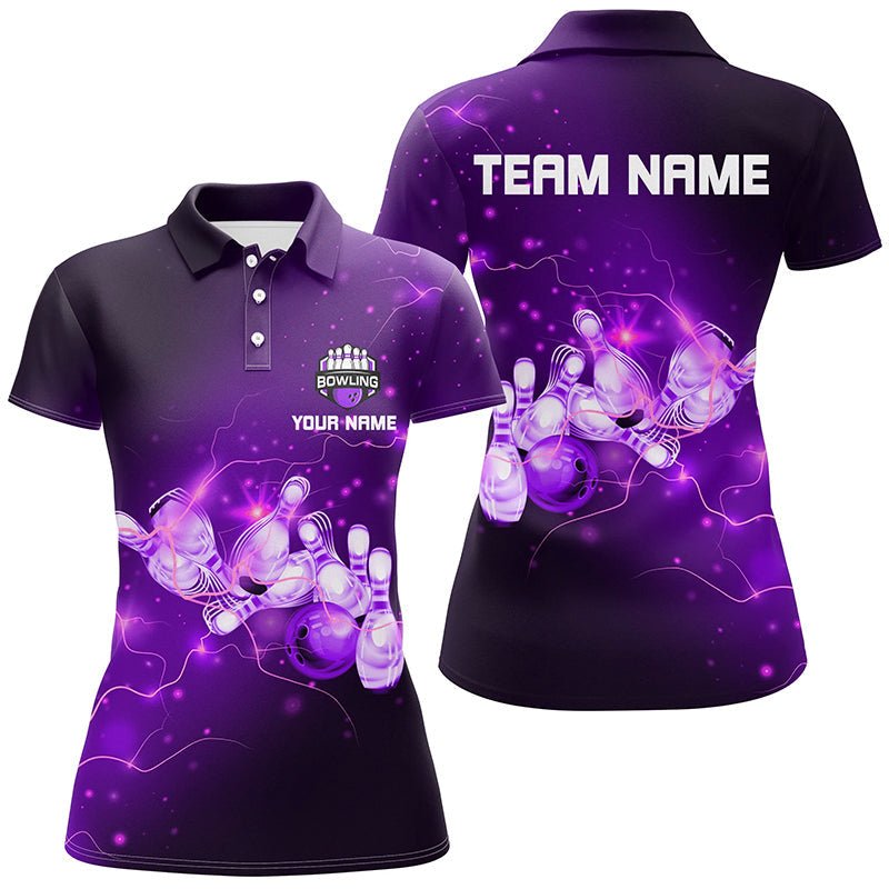 Damen Bowling Polo Shirt Individuell Lila Blitze Donner Bowling Team Damen Bowler Trikot Q7045 - Climcat