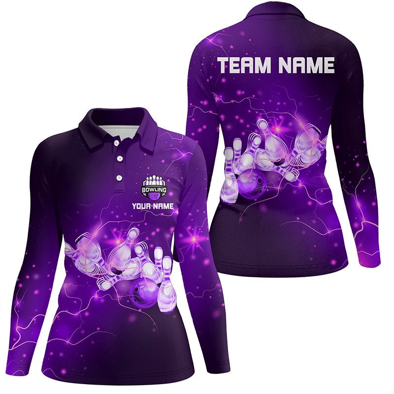 Damen Bowling Polo Shirt Individuell Lila Blitze Donner Bowling Team Damen Bowler Trikot Q7045 - Climcat