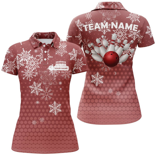 Damen Bowling Polo Shirt Individuell Weihnachts-Schneeflocken Bowlingkugel Pins Team Damen Trikot | Rot Q6616 - Climcat