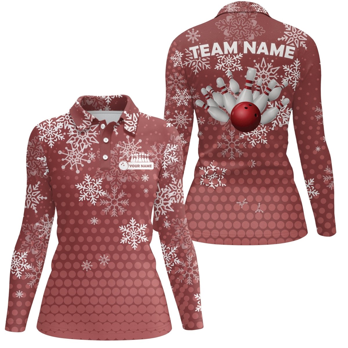 Damen Bowling Polo Shirt Individuell Weihnachts-Schneeflocken Bowlingkugel Pins Team Damen Trikot | Rot Q6616 - Climcat