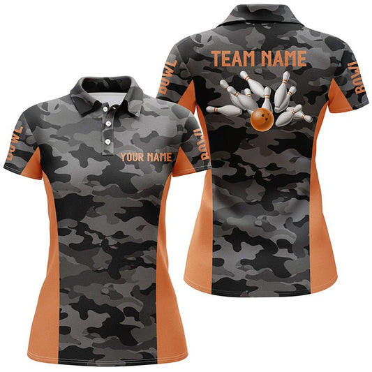 Damen Bowling Polo Shirt | Maßgeschneidertes graues Tarnmuster Bowling Team Trikot | Bowling Team Liga Shirt | Orange Q6149 - Climcat