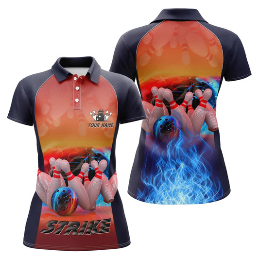 Damen Bowling Polo Shirt mit individuellem Namen, blau, Feuer Bowling Strike Ball und Pins, Bowling Trikots Q4813 - Climcat