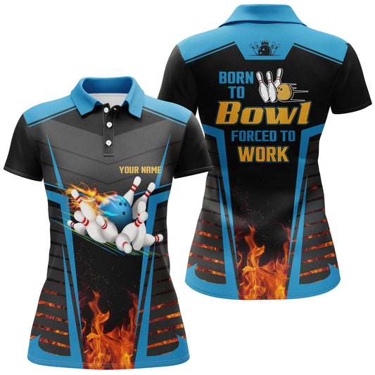 Damen Bowling Polo Shirt mit individuellem Namen "Born to Bowl, Forced to Work", Flammen Bowlers Jersey | Blau Q4848 - Climcat