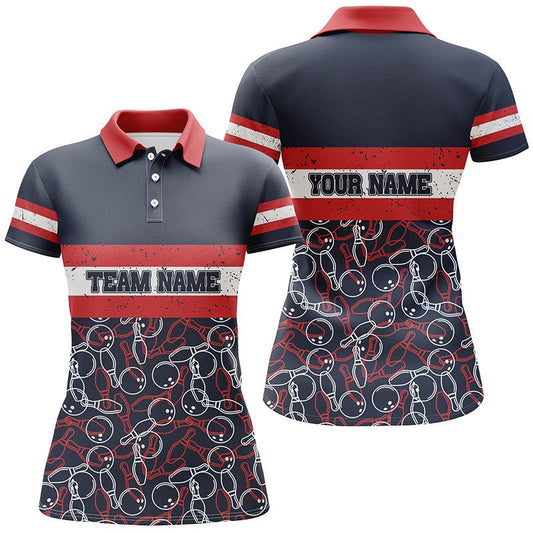 Damen Bowling Polo Shirt Personalisierter Name Rot und Blau Vintage Bowling Team Bowlers Trikots Q5274 - Climcat
