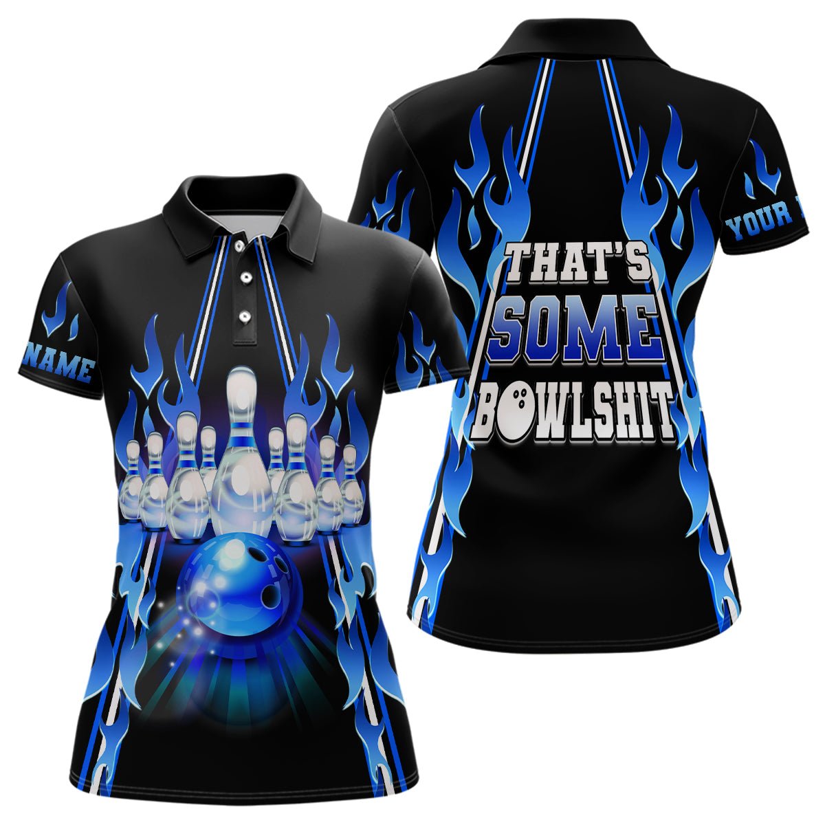 Damen Bowling Polo Shirt - Personalisiertes Blau Flammen Design für Bowlingball, Pins, Team und Liga - Q6284 - Climcat