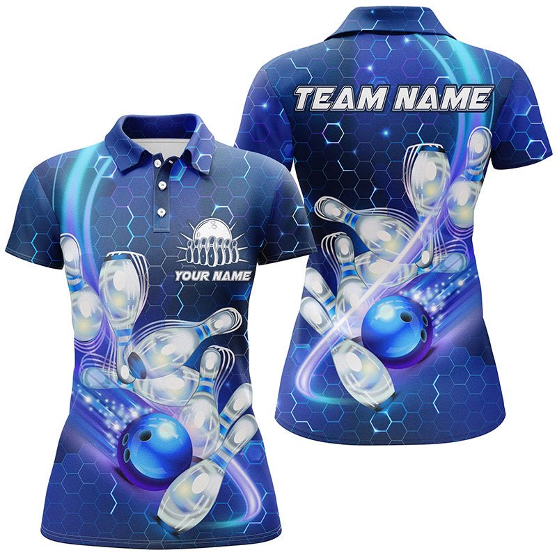 Damen Bowling Polo Shirt | Personalisiertes Blau-Licht Bowlingkugel Pins Hexagon Muster | Bowling Team Trikot Q6639 - Climcat