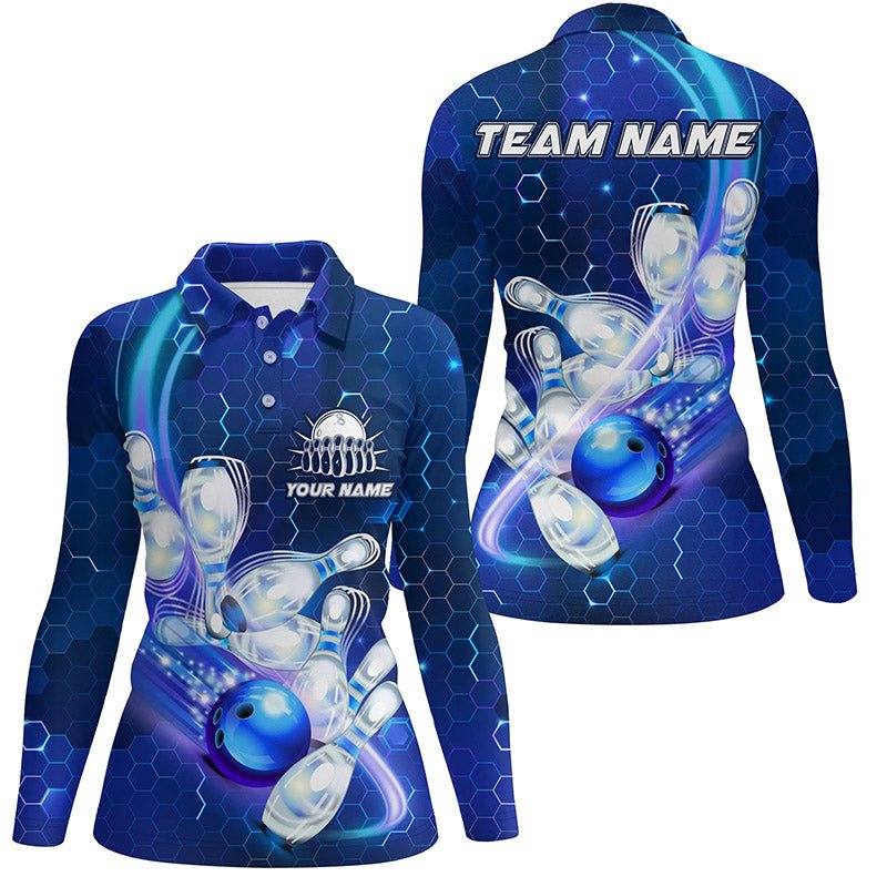 Damen Bowling Polo Shirt | Personalisiertes Blau-Licht Bowlingkugel Pins Hexagon Muster | Bowling Team Trikot Q6639 - Climcat