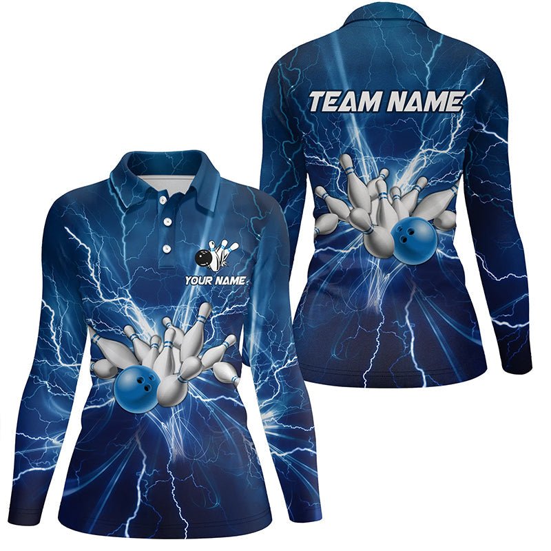 Damen Bowling Polo Shirt - Personalisiertes Blaues Blitz- und Donner-Bowling Team Trikot, Geschenk für Team Bowlers Q6638 - Climcat
