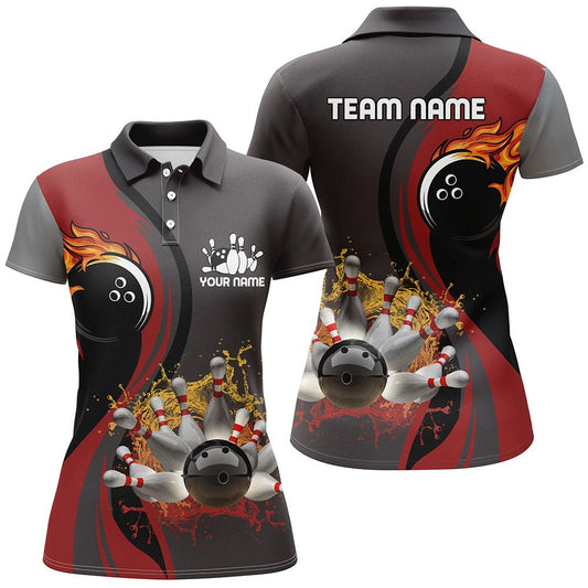 Damen Bowling Polo Shirt | Personalisiertes Bowling-Flammen-Design | Bowlingkugel-Pins | Bowler Trikot für Frauen | Rot Q6448 - Climcat
