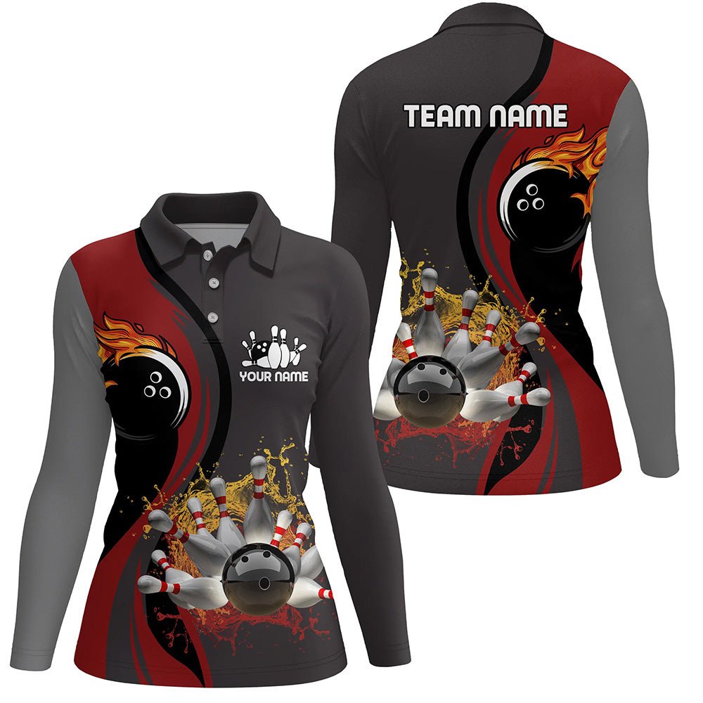 Damen Bowling Polo Shirt | Personalisiertes Bowling-Flammen-Design | Bowlingkugel-Pins | Bowler Trikot für Frauen | Rot Q6448 - Climcat