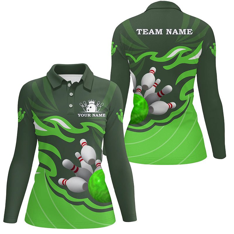 Damen Bowling Polo Shirt | Personalisiertes Bowling-Geschenk | Individuelles Bowling-Team-Liga-Trikot mit Bowlingkugel-Pins | Grün Q6300 - Climcat