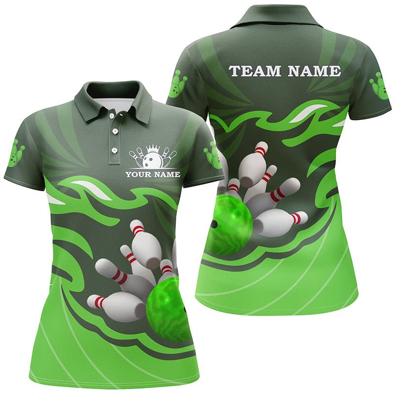 Damen Bowling Polo Shirt | Personalisiertes Bowling-Geschenk | Individuelles Bowling-Team-Liga-Trikot mit Bowlingkugel-Pins | Grün Q6300 - Climcat