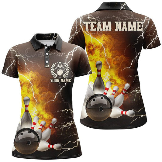 Damen Bowling Polo Shirt - Personalisiertes Bowling Team Trikot mit Flammen, Blitz und Donner Design - Bowling Liga Shirt Q6150 - Climcat