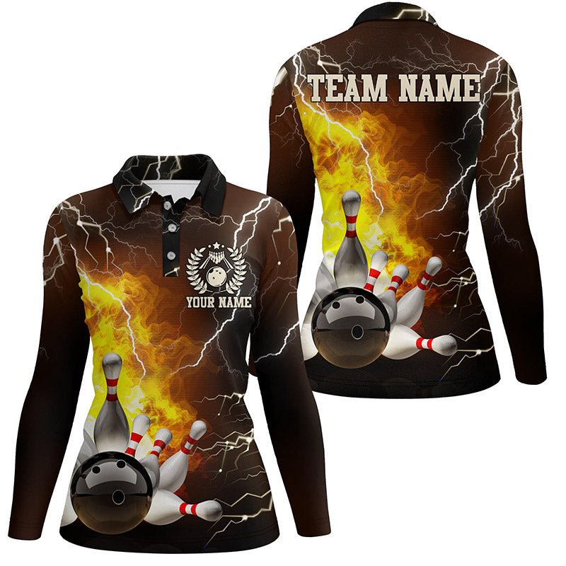 Damen Bowling Polo Shirt - Personalisiertes Bowling Team Trikot mit Flammen, Blitz und Donner Design - Bowling Liga Shirt Q6150 - Climcat