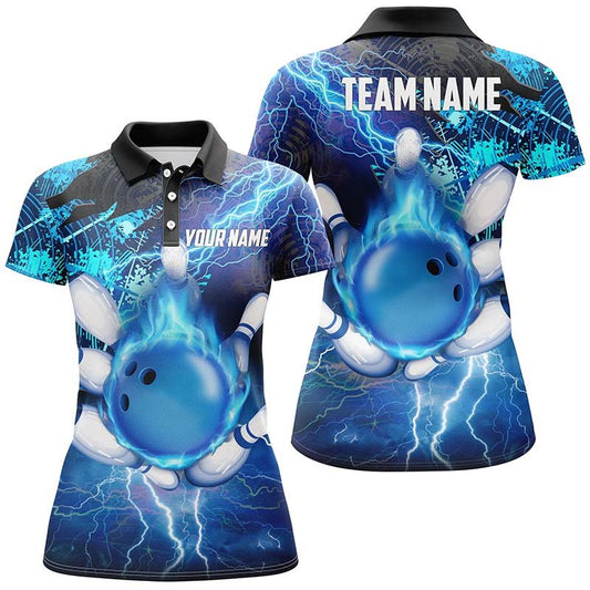 Damen Bowling Polo Shirt | Personalisiertes Bowling Trikot mit Flammen, Blitz und Donner | Blau Q6507 - Climcat