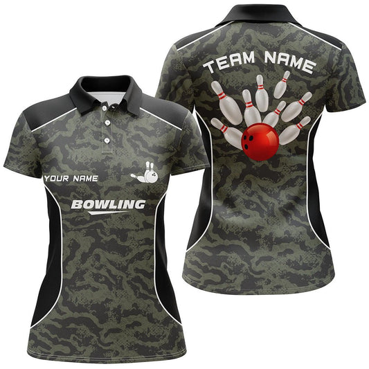 Damen Bowling Polo Shirt | Personalisiertes Bowlingball und Pins Camo Bowling Team Trikot für Frauen Q5248 - Climcat