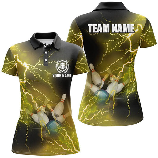 Damen Bowling Polo Shirt - Personalisiertes gelbes Blitz- und Donner-Bowling-Teamtrikot, Geschenk für Team-Bowler Q6378 - Climcat