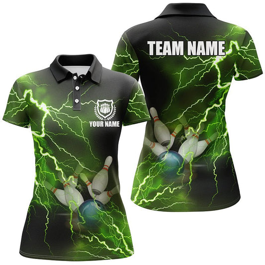 Damen Bowling Polo Shirt - Personalisiertes grünes Blitz- und Donner-Bowling-Teamtrikot, Geschenk für Team-Bowler Q6146 - Climcat