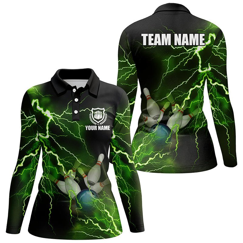 Damen Bowling Polo Shirt - Personalisiertes grünes Blitz- und Donner-Bowling-Teamtrikot, Geschenk für Team-Bowler Q6146 - Climcat
