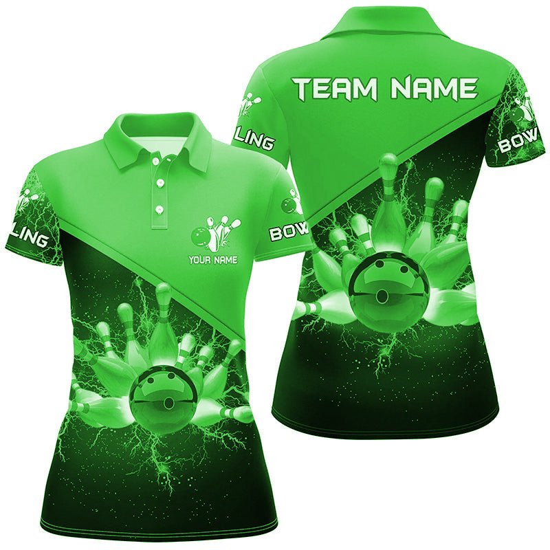 Damen Bowling Polo Shirt - Personalisiertes grünes Blitz- und Donner-Bowling-Teamtrikot, Geschenk für Team-Bowler Q6621 - Climcat