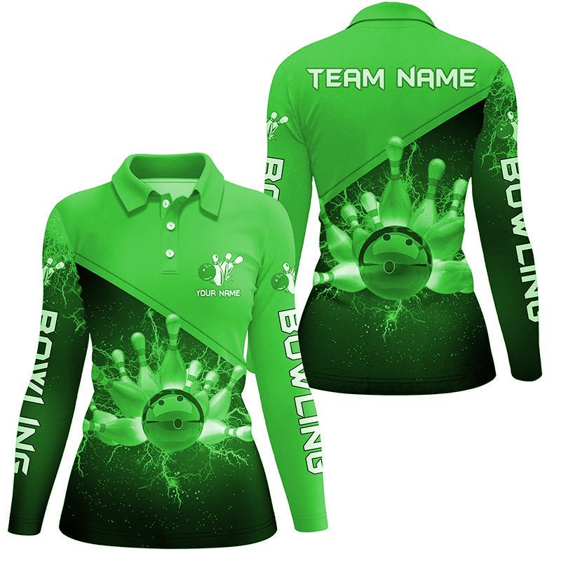 Damen Bowling Polo Shirt - Personalisiertes grünes Blitz- und Donner-Bowling-Teamtrikot, Geschenk für Team-Bowler Q6621 - Climcat