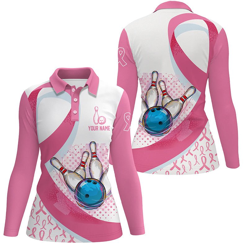 Damen Bowling Polo Shirt - Personalisiertes Pink Ribbon Bowlingkugel-Pins Brustkrebs-Bewusstseins-Bowlingtrikot Q6338 - Climcat