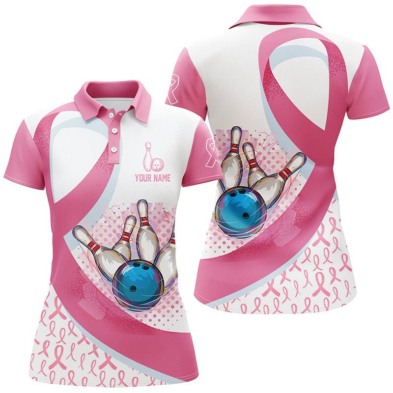 Damen Bowling Polo Shirt - Personalisiertes Pink Ribbon Bowlingkugel-Pins Brustkrebs-Bewusstseins-Bowlingtrikot Q6338 - Climcat