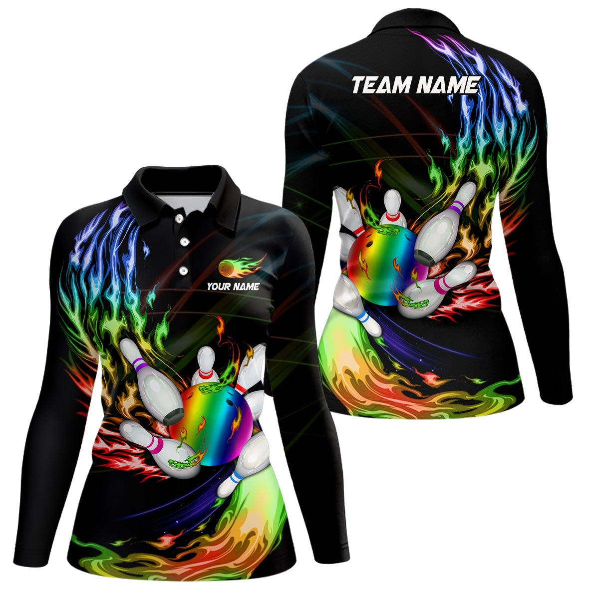 Damen Bowling Polo Shirt Personalisiertes Regenbogenflammen Bowlingkugel und Pins Team Liga Bowler Trikot Q6807 - Climcat