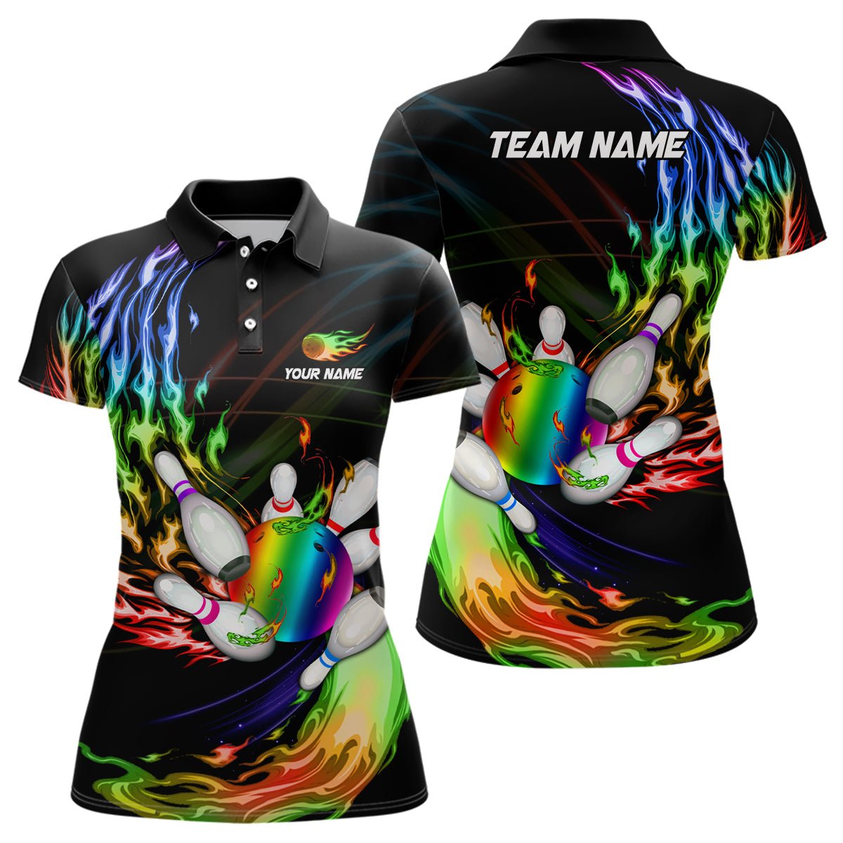 Damen Bowling Polo Shirt Personalisiertes Regenbogenflammen Bowlingkugel und Pins Team Liga Bowler Trikot Q6807 - Climcat