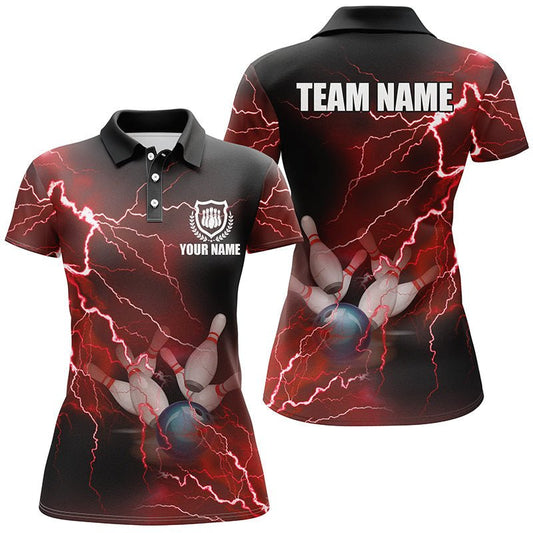 Damen Bowling Polo Shirt - Personalisiertes rotes Blitzgewitter Bowling Team Trikot, Geschenk für Team Bowlers Q6145 - Climcat