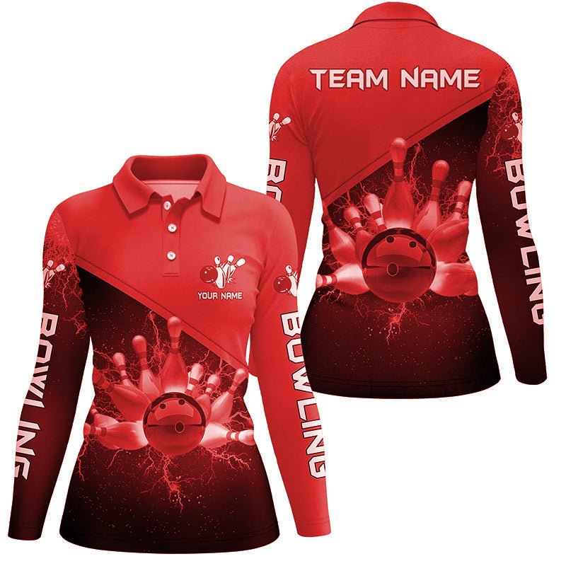Damen Bowling Polo Shirt - Personalisiertes rotes Blitzgewitter Bowling Team Trikot, Geschenk für Team Bowlers Q6622 - Climcat