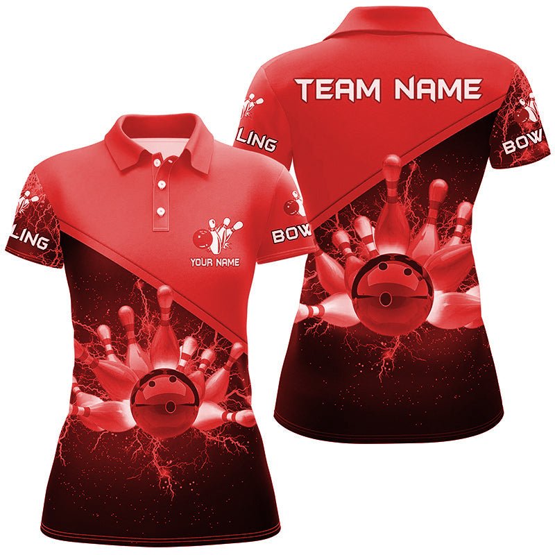 Damen Bowling Polo Shirt - Personalisiertes rotes Blitzgewitter Bowling Team Trikot, Geschenk für Team Bowlers Q6622 - Climcat