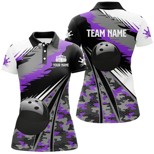 Damen Bowling Polo Shirt | Personalisiertes Schwarzes Ball Lila Camo Bowling Team Trikot | Geschenk für Bowler | Q6572 - Climcat