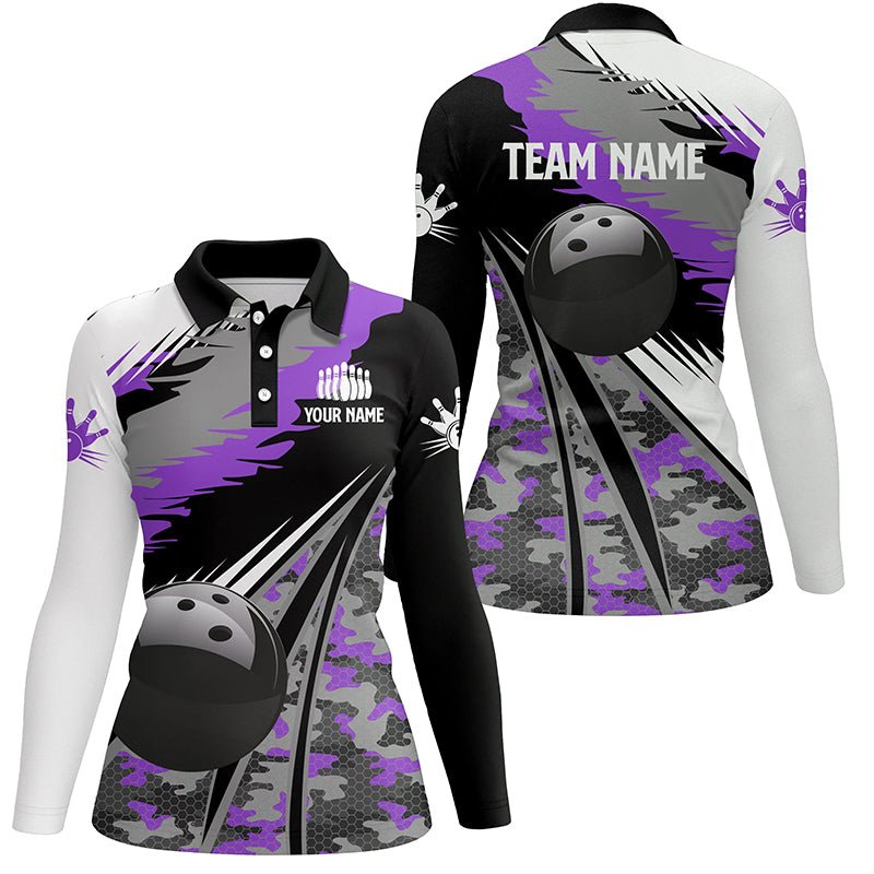 Damen Bowling Polo Shirt | Personalisiertes Schwarzes Ball Lila Camo Bowling Team Trikot | Geschenk für Bowler | Q6572 - Climcat