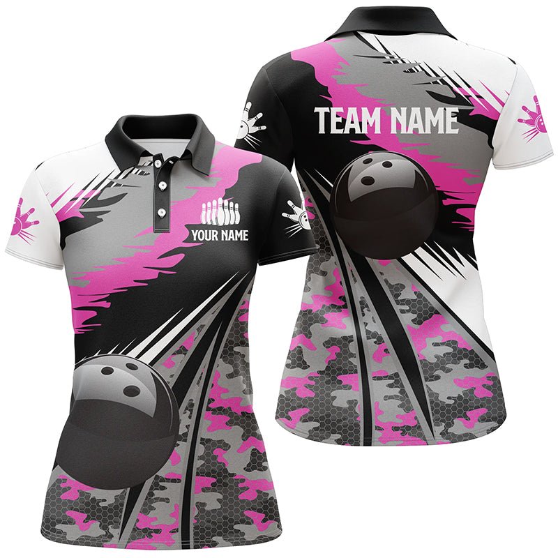 Damen Bowling Polo Shirt Personalisiertes Schwarzes Ball Pink Camo Bowling Team Trikot, Geschenk für Mädchen Bowlers Q5424 - Climcat