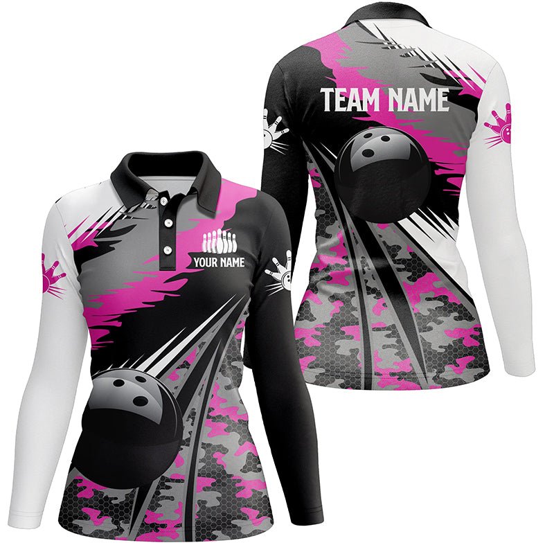 Damen Bowling Polo Shirt Personalisiertes Schwarzes Ball Pink Camo Bowling Team Trikot, Geschenk für Mädchen Bowlers Q5424 - Climcat