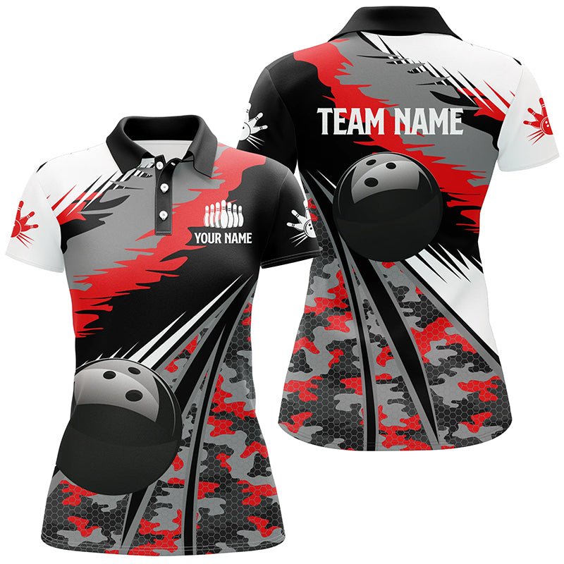 Damen Bowling Polo Shirt | Personalisiertes schwarzes Ball-Rot-Camo Bowling Team Trikot | Geschenk für Bowler | Q6571 - Climcat