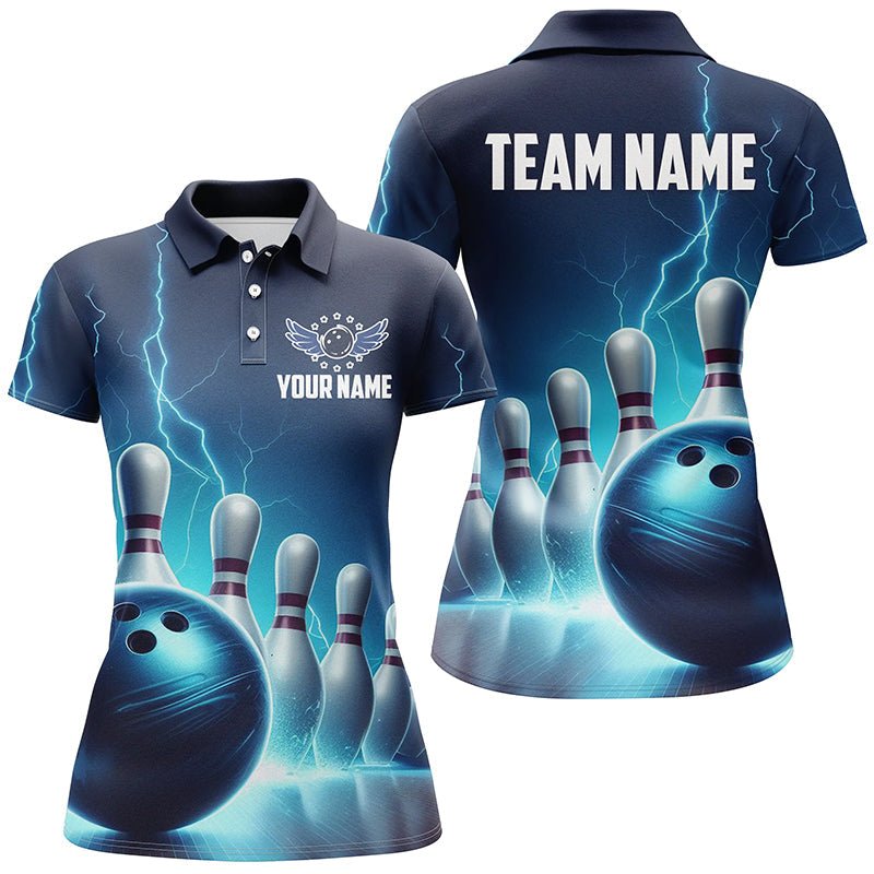 Damen Bowling Polo Shirts individuell gestalten - Blauer Donner Blitz Bowling Team Trikots - Bowler Outfit P5395 - Climcat