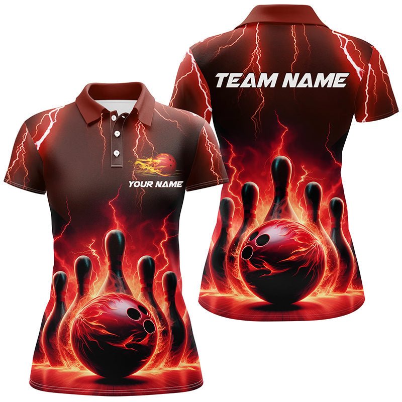 Damen Bowling Polo Shirts individuell gestalten - Rote Blitz und Donner Bowling Team Trikots - Bowler Outfits P5407 - Climcat