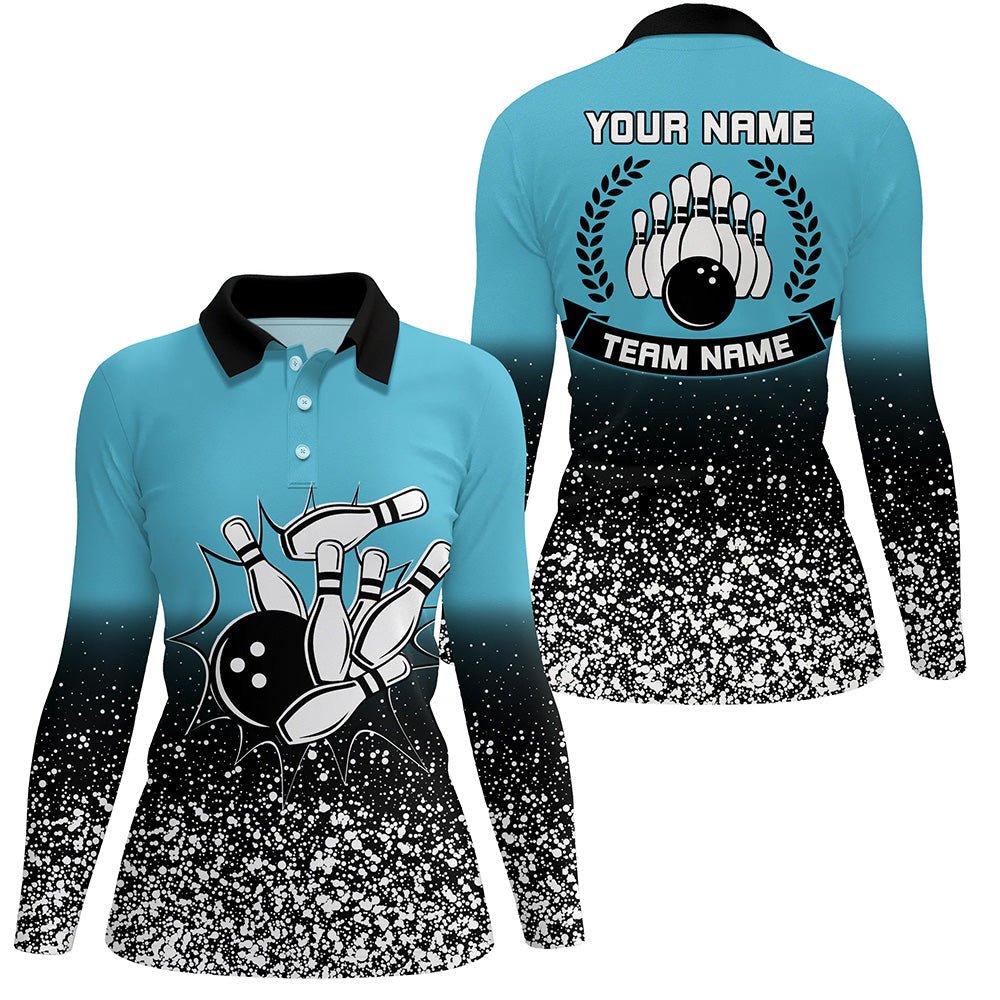 Damen Bowling Polo Shirts | Personalisiertes Retro Bowling Kugel Pin Strike Team Liga Trikot | Blau Q6407 - Climcat