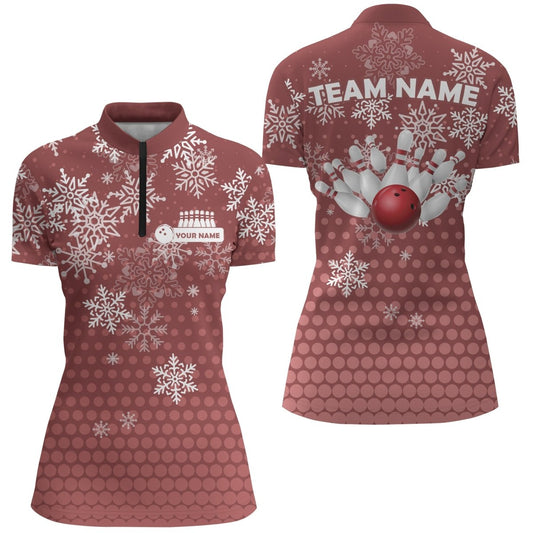 Damen Bowling Quarter-Zip Shirt Individuelles Weihnachts-Schneeflocken Bowlingkugel-Pins-Team Damen Trikot | Rot Q6616 - Climcat