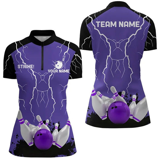 Damen Bowling-Quarter-Zip-Shirt | Personalisiertes Bowling Strike Lightning Storm Team Liga Trikot | Lila Q6645 - Climcat