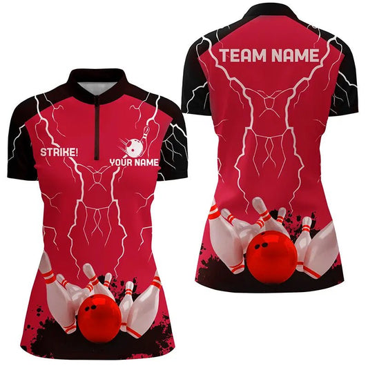 Damen Bowling-Quarter-Zip-Shirt | Personalisiertes Bowling Strike Lightning Storm Team Liga Trikot | Rot Q6646 - Climcat