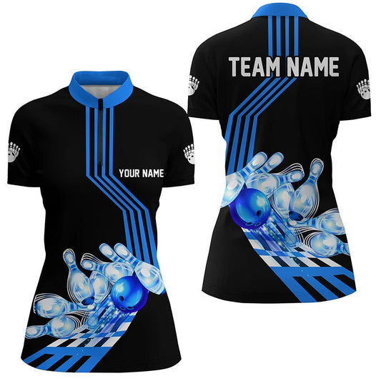 Damen Bowling Quarter Zip Shirt | Personalisiertes Bowling Team Liga Trikot | Geschenke für Bowler | Blau Q7070 - Climcat