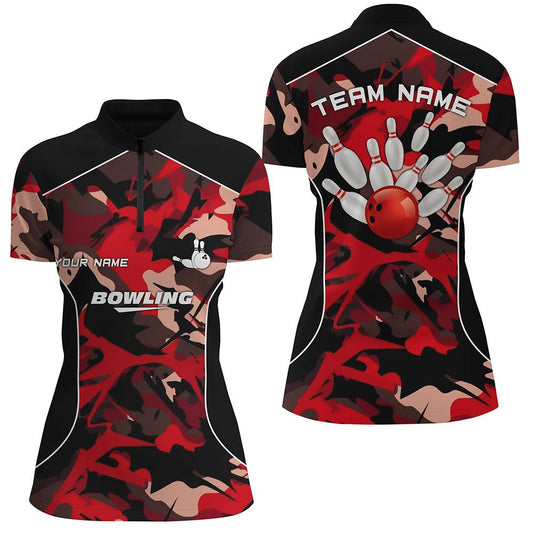 Damen Bowling-Quarter-Zip-Shirt | Personalisiertes Bowlingball-Pin-Design | Rotes Camouflage Bowling-Team-Trikot für Frauen | Q6487 - Climcat